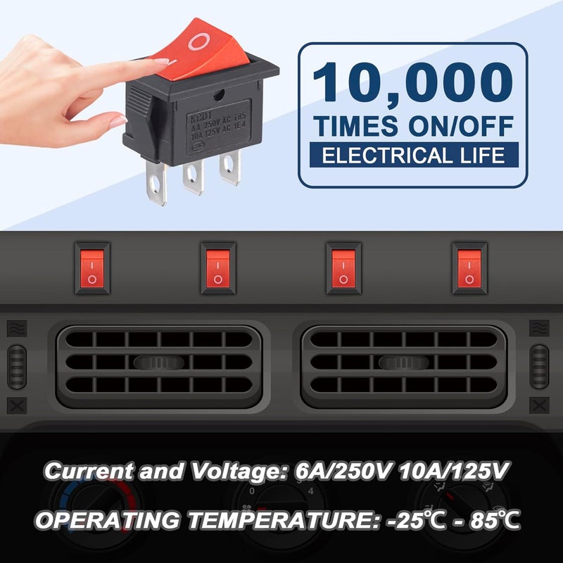 VEXUNGA 10pcs Mini Rocker Switch On Off 3 Pin Boat Rocker Switch 10A 125V 6A 250V AC KCD1 Red Snap-in SPST Toggle Switches Square for Car Marine Home Appliances - Image 3
